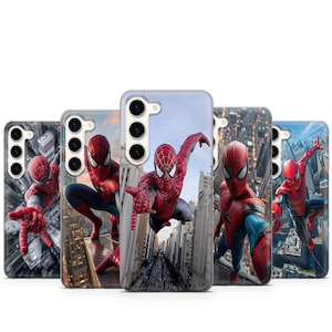 May include: A collection of phone cases featuring the superhero Spider-Man in various action poses. The cases showcase the character in his iconic red and blue suit, set against cityscapes. The cases are designed for a smartphone.
