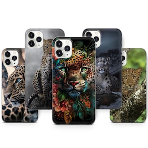 Pode incluir: Uma coleção de capas de telemóvel com designs de leopardo. Os designs variam de representações realistas a interpretações artísticas com elementos florais. A paleta de cores inclui castanhos, pretos, verdes e azuis.
