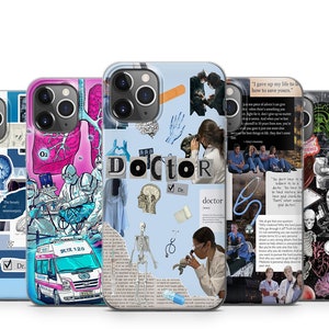 May include: Four different phone cases with a collage of medical images, including a stethoscope, a human skeleton, a human heart, a human lung, a human brain, a microscope, a doctor, and an ambulance. The text "Doctor" is featured on one of the cases.