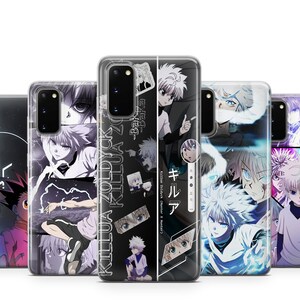 Peut inclure: Un ensemble de cinq coques de t&eacute;l&eacute;phone pr&eacute;sentant diff&eacute;rentes images du personnage d'anime Killua Zoldyck de Hunter x Hunter. Les coques sont transparentes et pr&eacute;sentent un design noir et blanc avec le texte "Killua Zoldyck" et "キルア" en japonais.