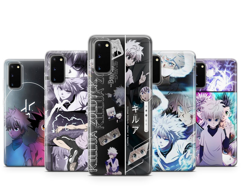 Peut inclure: Un ensemble de cinq coques de t&eacute;l&eacute;phone pr&eacute;sentant diff&eacute;rentes images du personnage d'anime Killua Zoldyck de Hunter x Hunter. Les coques sont transparentes et pr&eacute;sentent un design noir et blanc avec le texte "Killua Zoldyck" et "キルア" en japonais.
