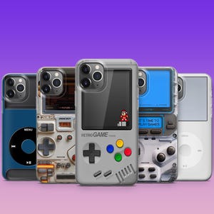May include: A collection of phone cases with retro game and music player designs. The cases feature various colors and graphics, including a gray case with a pixelated game character and the text "RETRO GAME THEME". Other cases have music player interfaces.