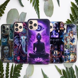 May include: A collection of phone cases featuring spiritual and religious artwork. The designs include images of deities, a meditating Buddha, and other spiritual symbols. The cases are in various colors, including purple, blue, and pink.