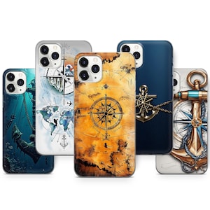 Könnte beinhalten: Eine Auswahl an Handyhüllen mit maritimen Motiven. Die Designs zeigen Kompasse, Anker und Weltkarten. Die Farbpalette umfasst Blau, Gold und Weiß, wobei einige Hüllen ein Vintage-Aussehen haben.