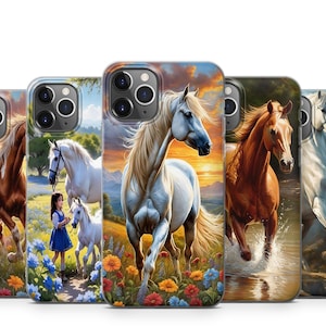 May include: Five different phone cases featuring a variety of horse designs. The cases are all white with a clear back and feature a different horse design on each case. The designs include a brown and white horse, a white horse, a brown horse, a white horse with a sunset background, and a white horse with a forest background.