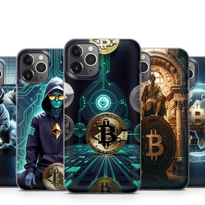 May include: Set of six phone cases featuring different designs related to cryptocurrency. The designs include a bull, a person wearing a hoodie, a circuit board, a building, and a globe. Each case has a Bitcoin logo.