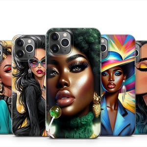 May include: Set of four phone cases featuring colorful illustrations of women with bold makeup and hairstyles. The cases are designed for iPhone models and have a clear, protective finish.