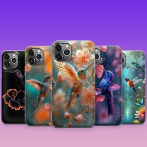 May include: Five different phone cases with a hummingbird and floral design. The cases are clear and show the phone's design through the case. The cases are all different colors and have different floral designs.