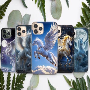 May include: Five phone cases showcasing illustrations of white pegasus horses with large wings. The backgrounds depict a night sky with a full moon, a blue sky with clouds, and a starry night.