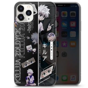 Peut inclure: Une coque de t&eacute;l&eacute;phone noire et blanche avec un design graphique repr&eacute;sentant le personnage d'anime Killua Zoldyck de Hunter x Hunter. La coque a un dos transparent et un devant noir avec du texte blanc qui dit "Killua Zoldyck" et "Killua".