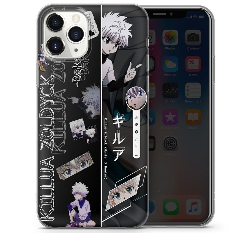 Peut inclure: Une coque de t&eacute;l&eacute;phone noire et blanche avec un design graphique repr&eacute;sentant le personnage d'anime Killua Zoldyck de Hunter x Hunter. La coque a un dos transparent et un devant noir avec du texte blanc qui dit "Killua Zoldyck" et "Killua".