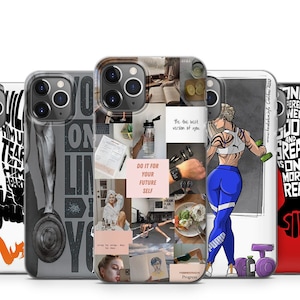 Puede incluir: Cuatro fundas de teléfono diferentes con citas e imágenes motivacionales relacionadas con el fitness y la superación personal. Las fundas presentan un collage de imágenes, una mujer levantando pesas, una cita sobre hacerlo por tu futuro yo, y una cita sobre la diferencia entre lo bueno y lo grandioso.