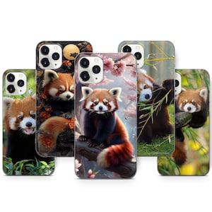 Könnte beinhalten: Eine Sammlung von Handyhüllen mit roten Pandas in verschiedenen Umgebungen. Die Hüllen zeigen detaillierte Illustrationen der Tiere in verschiedenen Posen, darunter auf Ästen und zwischen Blumen. Die Hüllen haben eine glänzende Oberfläche und sind für Smartphones konzipiert.