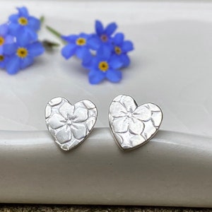 Forget me not heart studs,forget me not earrings,fine silver 925 sterling silver jewellery,gift for a gardener or flower lover,UK artisan.