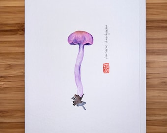 Laccaria amethystina, Watercolor  5"x7" Greeting Card Edible Mushroom, Original watercolor card, Card with Envelope, Blank Card.