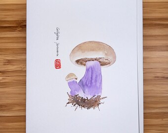 Collybia Personata, Watercolor 5"x7" Greeting Card Edible Mushroom, Original watercolor card, Card with Envelope, Blank Card.