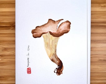 Trompette des morts, Watercolor  5"x7" Greeting Card Edible Mushroom, Original watercolor card, Card with Envelope, Blank Card.