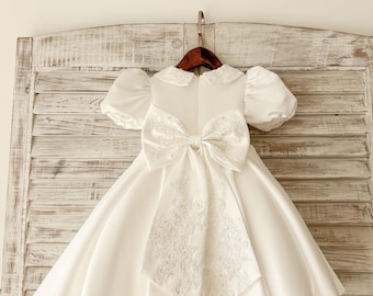 Puff Sleeves Beaded Lace Satin Flower Girl Dress Christening Dress Baptism Dress Baby Girl Birthday Party Dress