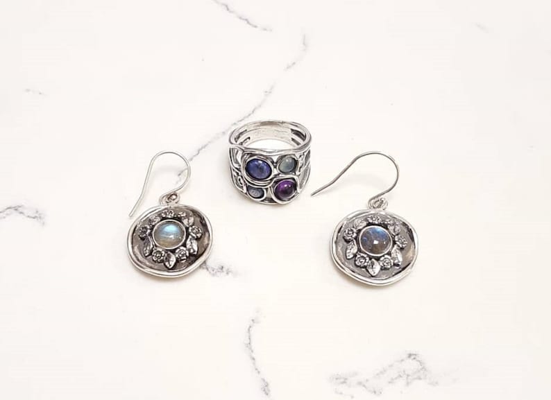 925 Sterling Silver Set-Paz Creations Ring and Earring Multi gemstone Set