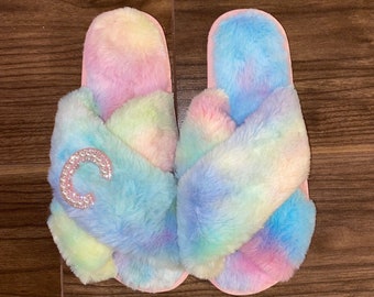 rainbow fuzzy slippers