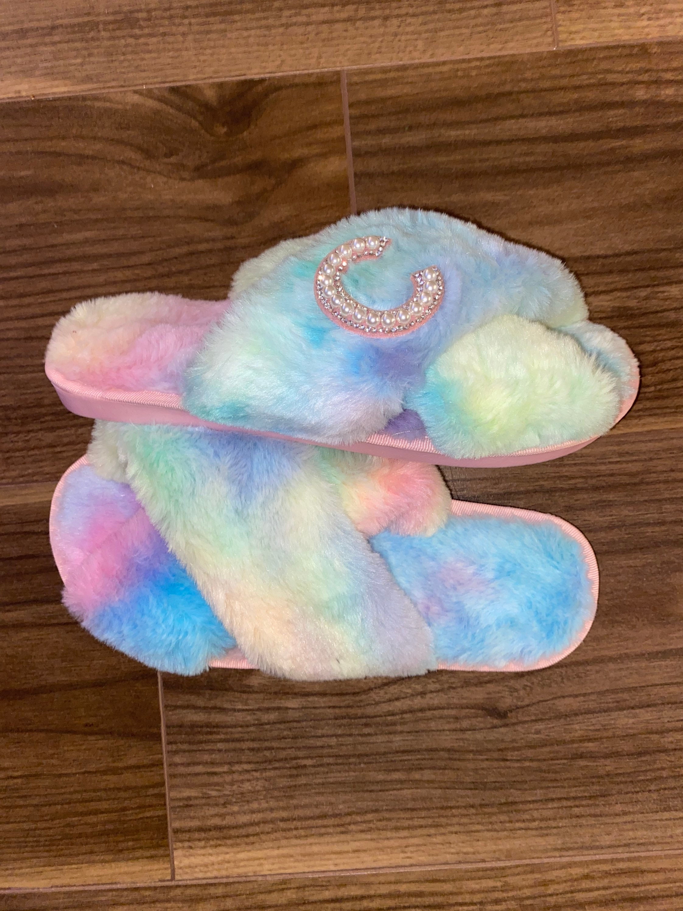 Rainbow fluffy personalised slippers Etsy