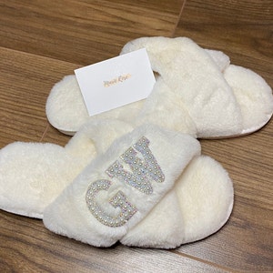 WHITE fluffy personalised slippers