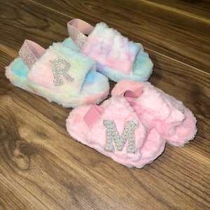 Childrens fluffy personalised slippers kids sliders