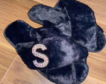 Black fluffy personalised slippers