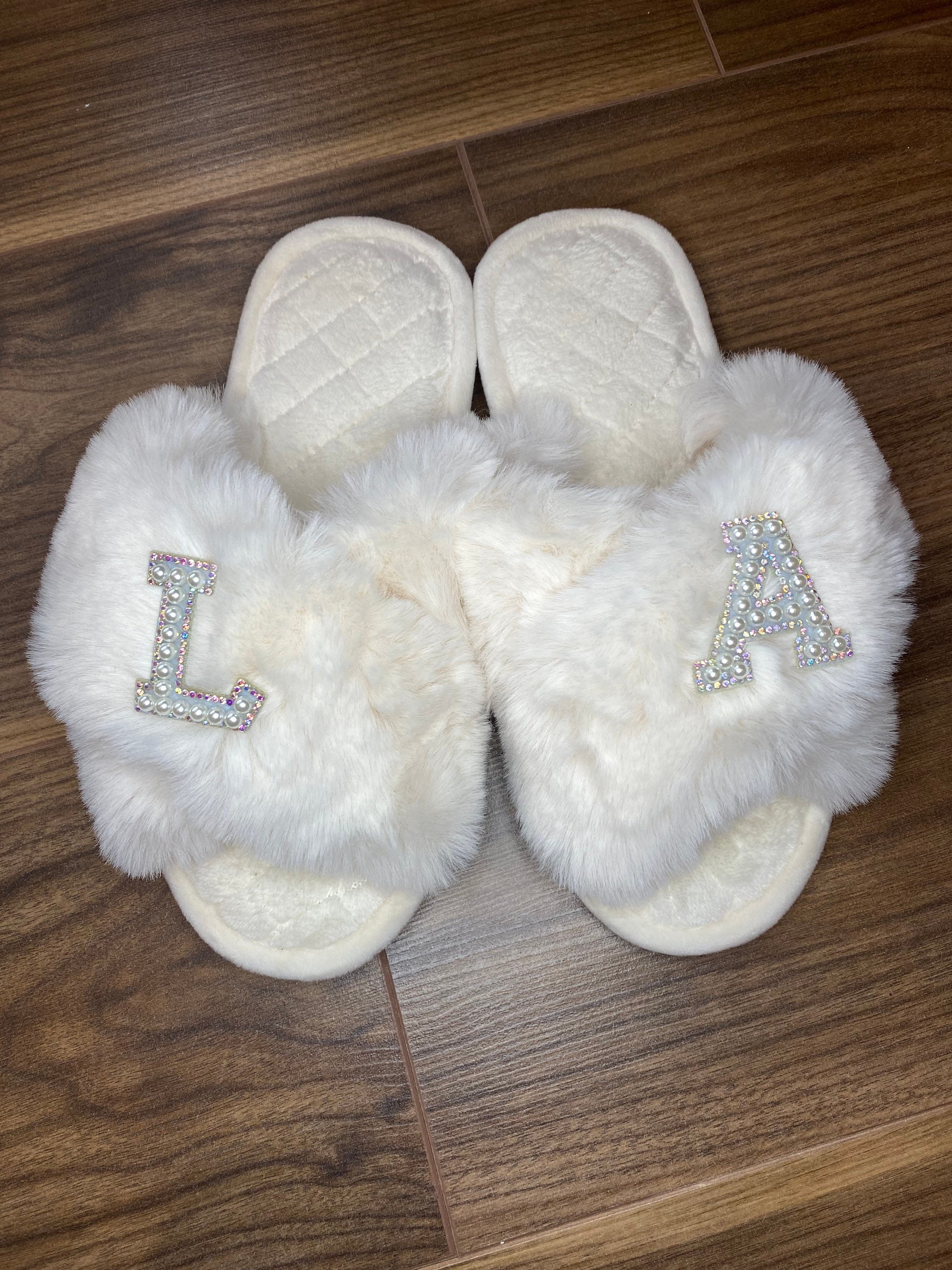 WHITE fluffy quilted cross over luxe personalised slippers | Etsy