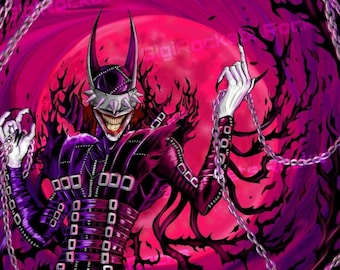 May include: A purple and black costumed figure with a large, exaggerated smile and a pointed cowl. The figure is holding chains in each hand and is standing in front of a red and black background.