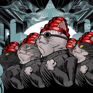 Puede incluir: Ilustración de cinco gatos con sombreros rojos y negros y chaquetas negras, sobre un fondo de paisaje urbano. Los gatos tienen varios colores de pelaje, incluyendo gris, negro y atigrado.