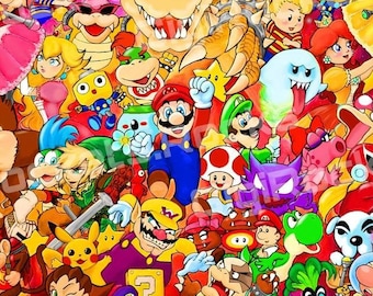May include: A colorful illustration featuring a variety of characters from the Super Mario franchise. The image is filled with iconic characters like Mario, Luigi, Peach, Bowser, and Yoshi, as well as other recognizable figures from the video game series. The characters are depicted in a vibrant and playful style, with a mix of bright colors and bold outlines.
