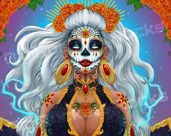 May include: A digital illustration of a woman with white hair wearing a black and gold costume with a sugar skull makeup design. She is surrounded by orange flowers and blue lightning bolts.
