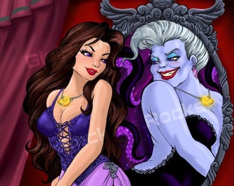 May include: A purple and black illustration of a woman looking into a mirror. The woman in the mirror is a sea witch with a purple and black dress and a crown. The woman looking into the mirror is wearing a purple dress with a low-cut neckline and a gold necklace.