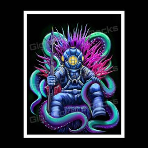 May include: Illustration of a diver in a blue suit and helmet, holding a spear, seated on a tree stump. The diver is surrounded by purple, pink, and teal tentacles against a black background. The diver's helmet has a yellow grid.
