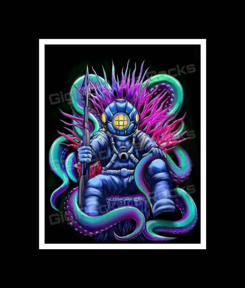 May include: Illustration of a diver in a blue suit and helmet, holding a spear, seated on a tree stump. The diver is surrounded by purple, pink, and teal tentacles against a black background. The diver's helmet has a yellow grid.