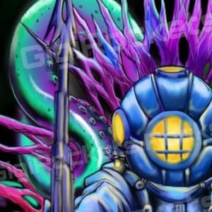 May include: Illustration of a vintage blue diving helmet with yellow portholes, a spear gun, and a background of purple and green tentacles. The artwork has a comic book style.