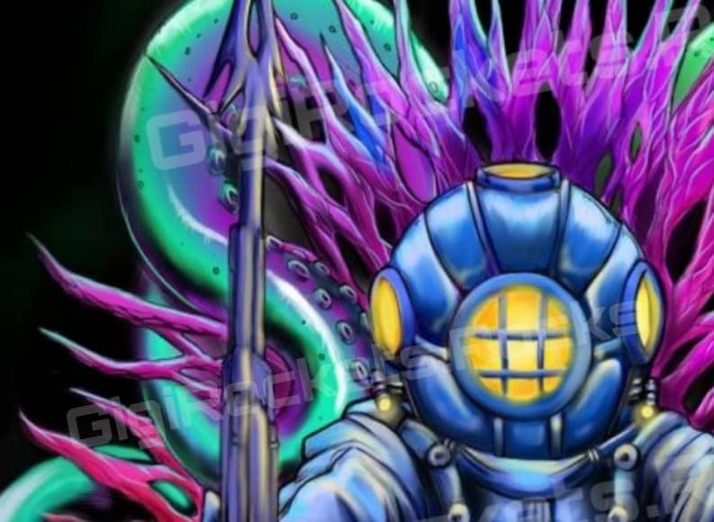 May include: Illustration of a vintage blue diving helmet with yellow portholes, a spear gun, and a background of purple and green tentacles. The artwork has a comic book style.