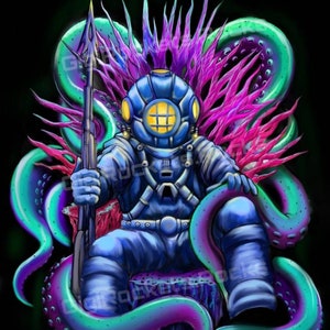May include: A digital illustration of a diver in a blue diving suit and helmet, holding a spear. The diver is seated on a throne of coral and surrounded by tentacles in shades of teal, purple, and pink against a black background.