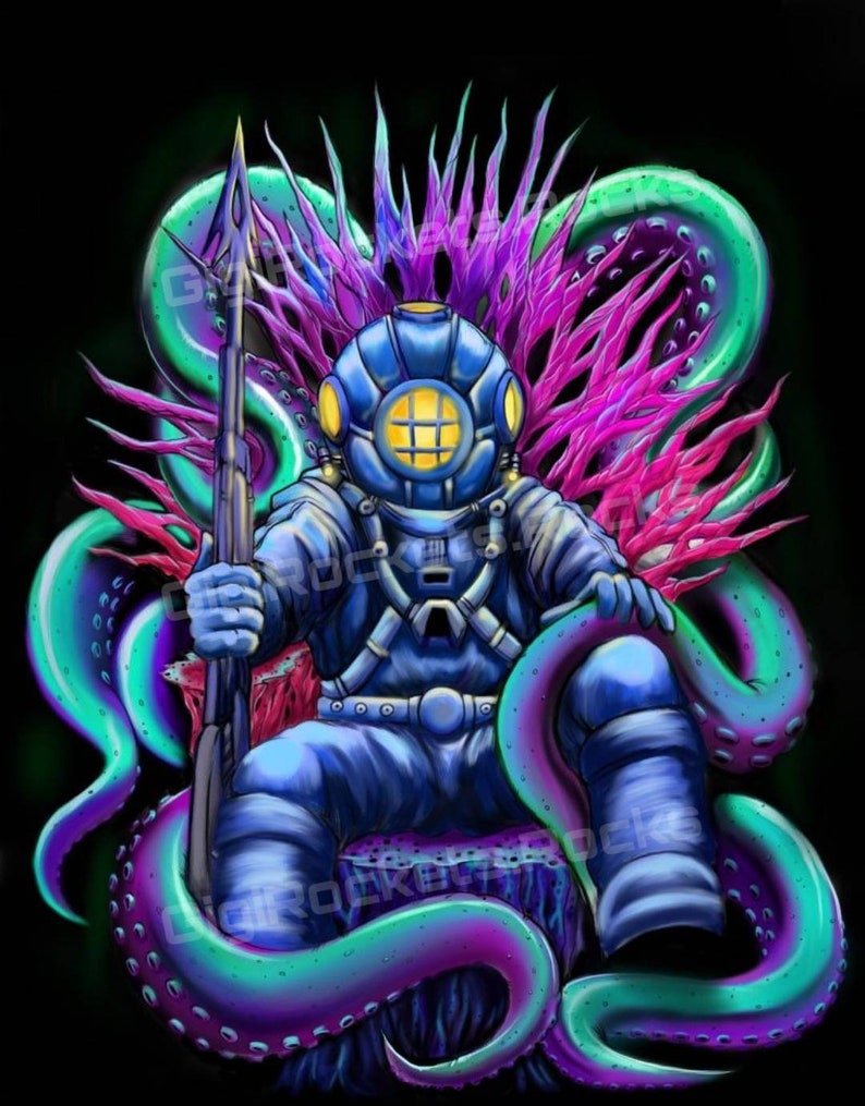 May include: A digital illustration of a diver in a blue diving suit and helmet, holding a spear. The diver is seated on a throne of coral and surrounded by tentacles in shades of teal, purple, and pink against a black background.