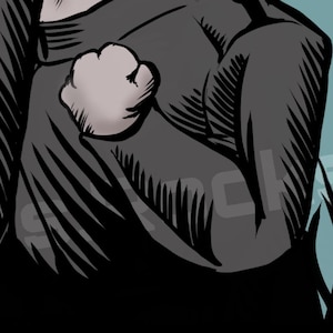 May include: A monochrome illustration of a gorilla's upper body, with a clenched fist. The artwork uses detailed shading and linework to highlight the gorilla's muscular form and fur texture. The background is a solid black.
