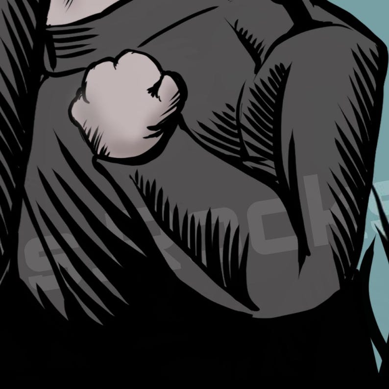 May include: A monochrome illustration of a gorilla's upper body, with a clenched fist. The artwork uses detailed shading and linework to highlight the gorilla's muscular form and fur texture. The background is a solid black.