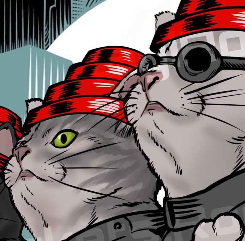 May include: Comic-style illustration of three grey cats wearing red headbands and dark glasses. The cats have green eyes and are looking upwards. The artwork uses bold lines and a limited colour palette.