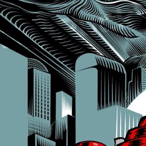 May include: A graphic illustration of a cityscape in shades of grey and black, set against a teal backdrop. The artwork uses bold lines and a graphic style, with a detailed sky and architectural elements.