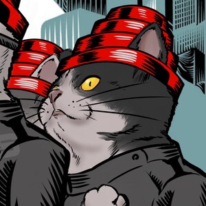 May include: An illustration of a cat wearing a red headband and a black jacket. The cat has grey and white fur with yellow eyes. The background features a cityscape in shades of blue and grey.