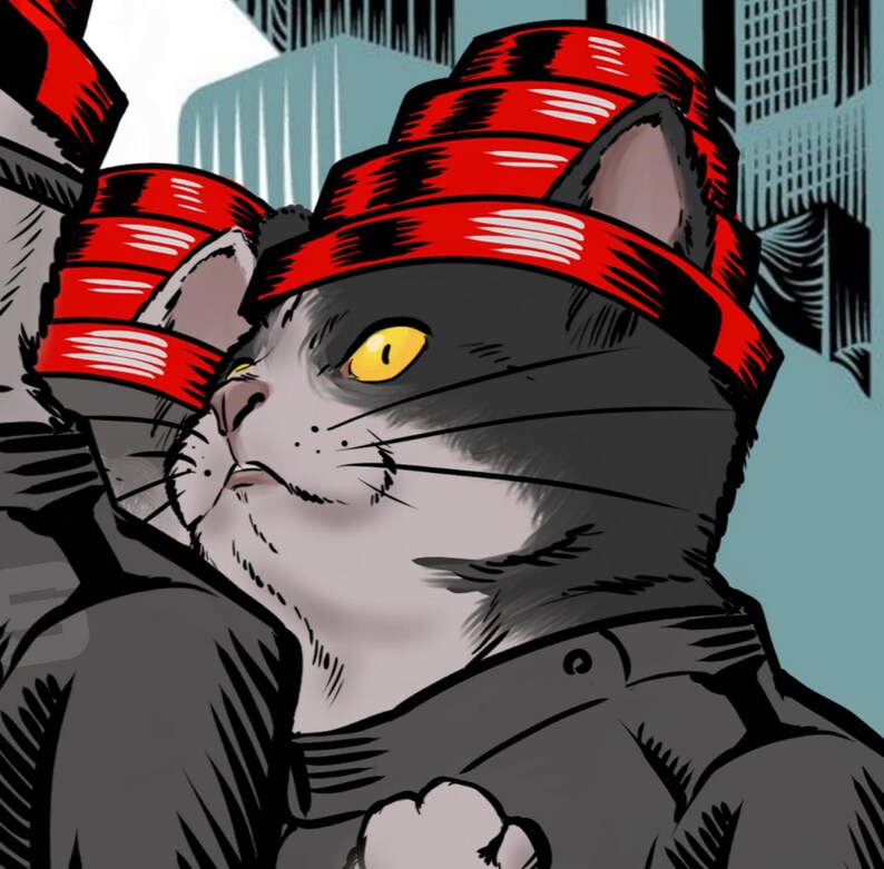 May include: An illustration of a cat wearing a red headband and a black jacket. The cat has grey and white fur with yellow eyes. The background features a cityscape in shades of blue and grey.