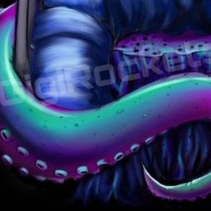 May include: A vibrant, digitally painted image of an octopus tentacle, showcasing a gradient of colors from teal to purple. The tentacle features suction cups and is set against a dark, textured background.