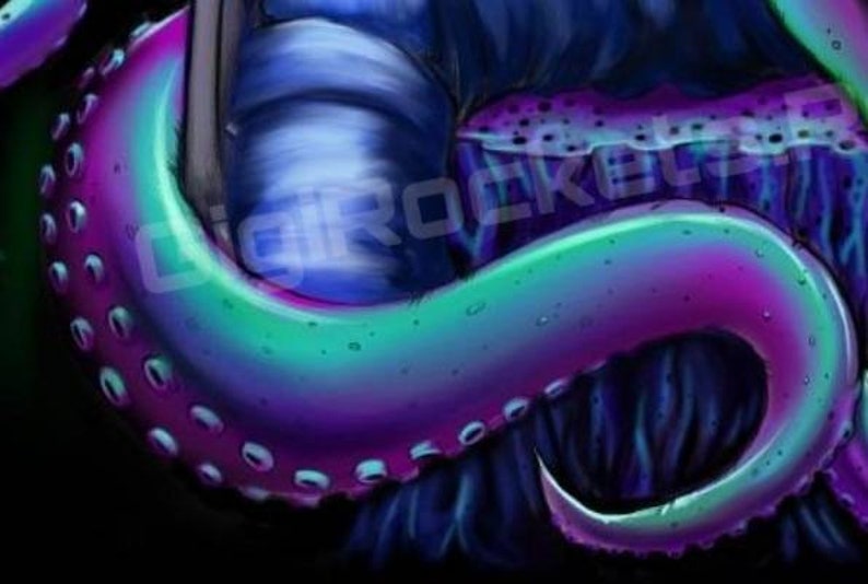May include: A vibrant, digitally painted image of an octopus tentacle, showcasing a gradient of colors from teal to purple. The tentacle features suction cups and is set against a dark, textured background.