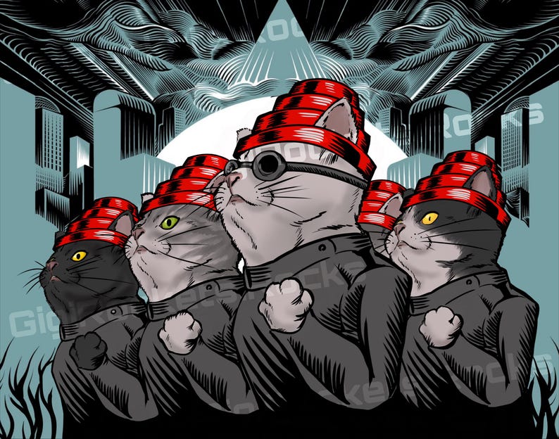 May include: An illustration featuring five cats in red and black hats and jackets, set against a cityscape. The cats have different fur colours, including grey, black, and tabby, with some wearing spectacles.