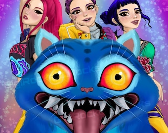 Pode incluir: Ilustração digital com três figuras femininas estilizadas com cores de cabelo vibrantes, posando com uma grande criatura azul semelhante a um gato. O gato tem olhos amarelos grandes e a boca aberta. O fundo é um gradiente de rosa e roxo com o texto "Rockets.Rocks".